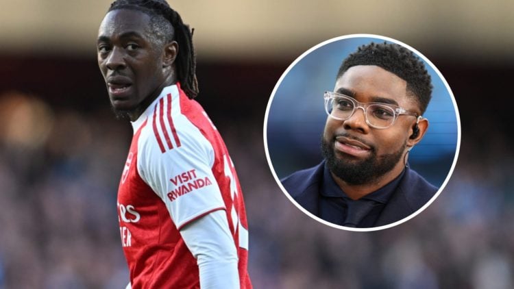 Eberechi Eze during Arsenal vs Manchester City alongside an inset of Micah Richards.