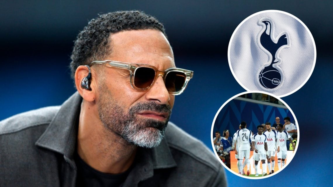 Rio Ferdinand working as a pundit. Inset of Tottenham Hotspur badge and Djed Spence.