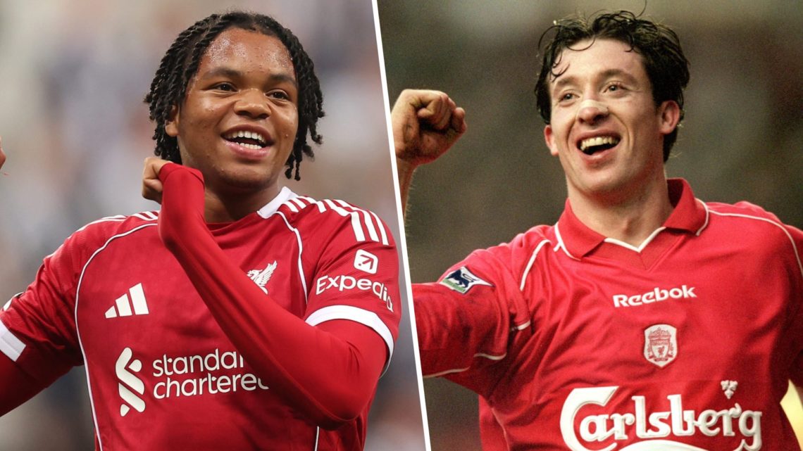 Rio Ngumoha of Liverpool celebrates at full-time following the team's victory in the Premier League match between Newcastle United and Liverpool at...