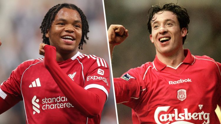 Rio Ngumoha of Liverpool celebrates at full-time following the team's victory in the Premier League match between Newcastle United and Liverpool at...