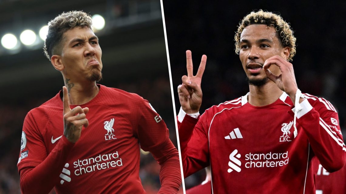 Roberto Firmino of Liverpool celebrates after scoring their 1st goal during the Premier League match between Liverpool FC and Brighton & Hove Albio...