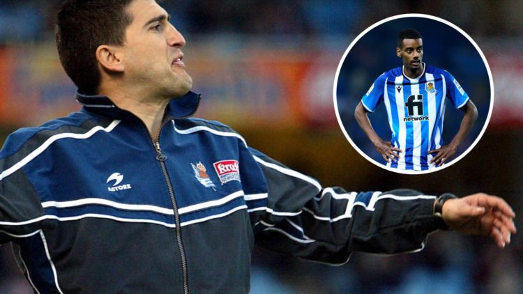 Roberto Olabe reacts during a Real Sociedad match alongside Alexander Isak playing for the club