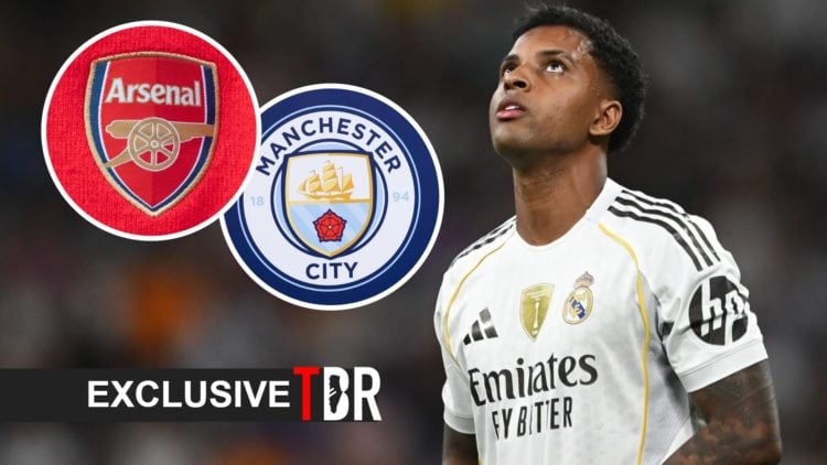 A split image featuring Rodrygo looking on during a Real Madrid, next to two insets of Arsenal and Man City badges