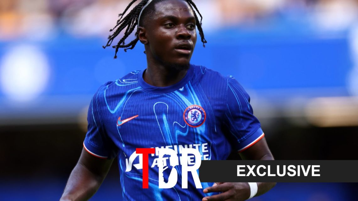 Romeo Lavia playing for Chelsea with TBR logo and exclusive tag overlayed (bottom right)