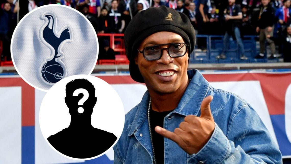 Ronaldinho at PSG match. Inset of Tottenham Hotspur badge and a mystery player.