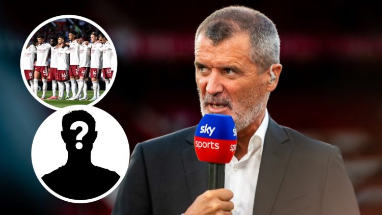 Roy Keane on punditry for Sky Sports. Inset of Arsenal team with Viktor Gyokeres and a mystery player.