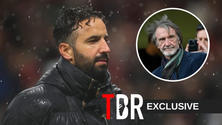 Manchester United head coach Ruben Amorim on the touchline during the victory against Chelsea, alongside an inset of club co-owner Sir Jim Ratcliffe