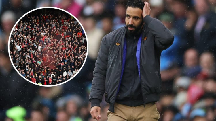 Ruben Amorim looking stressed (right) with Manchester United fans (left)