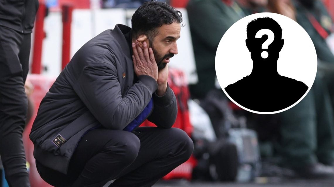 Ruben Amorim puts his head in his hands during Manchester United's defeat against Brentford, alongside an inset (top right) of a white mystery play...