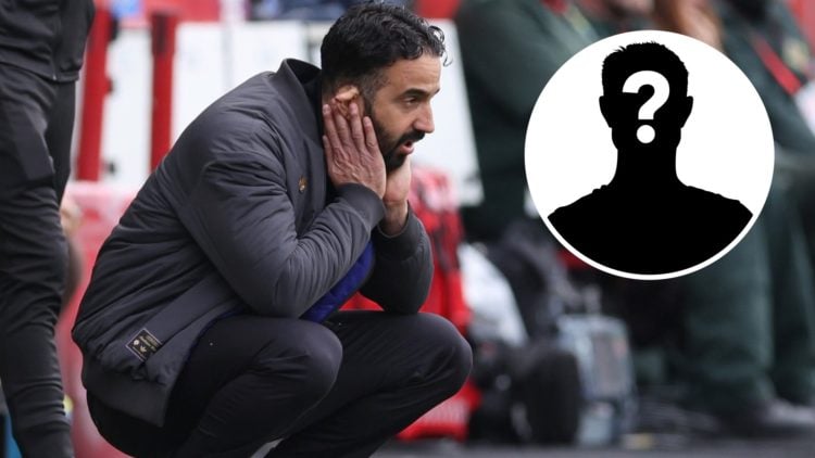 Ruben Amorim puts his head in his hands during Manchester United's defeat against Brentford, alongside an inset (top right) of a white mystery play...