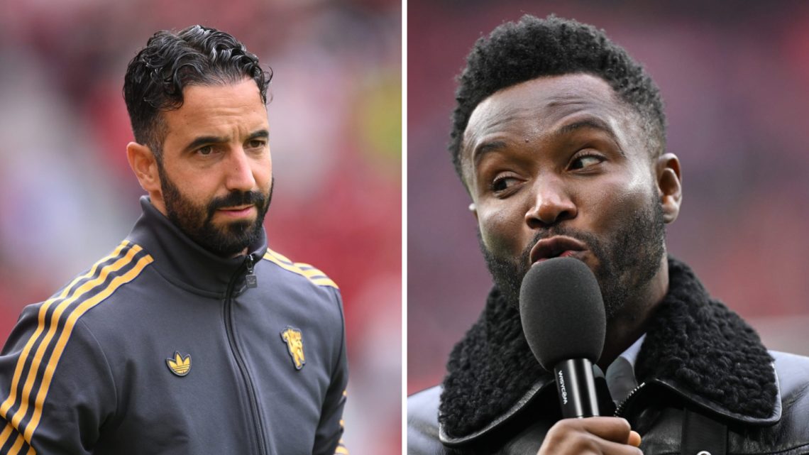 Ruben Amorim looking frustrated (left) and John Obi Mikel doing punditry (right)