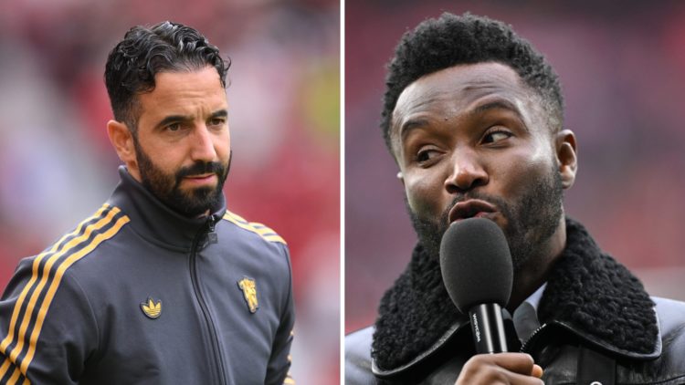 Ruben Amorim looking frustrated (left) and John Obi Mikel doing punditry (right)