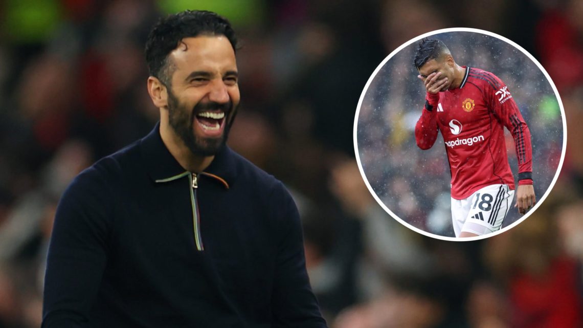 A split image featuring Ruben Amorim celebrating during a Man United game alongside Casemiro reacting