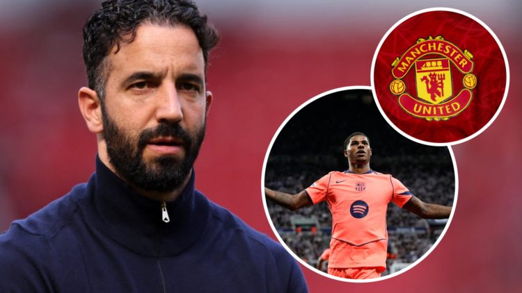 Ruben Amorim, Marcus Rashford (inset, bottom), Manchester United badge (inset, top)