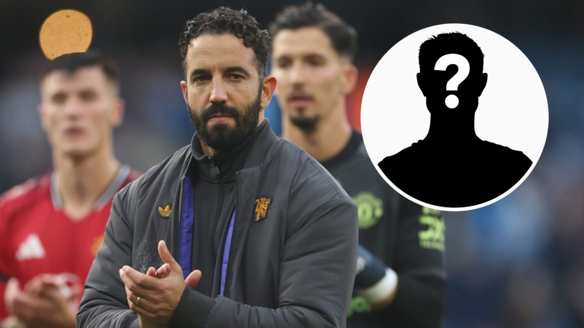 Ruben Amorim reacts after Manchester United's defeat against Manchester City, alongside a white mystery player silhouette