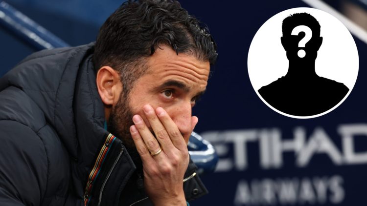 Ruben Amorim reacts during the Manchester derby between Manchester City and Manchester United with a white mystery player silhouette in the top rig...