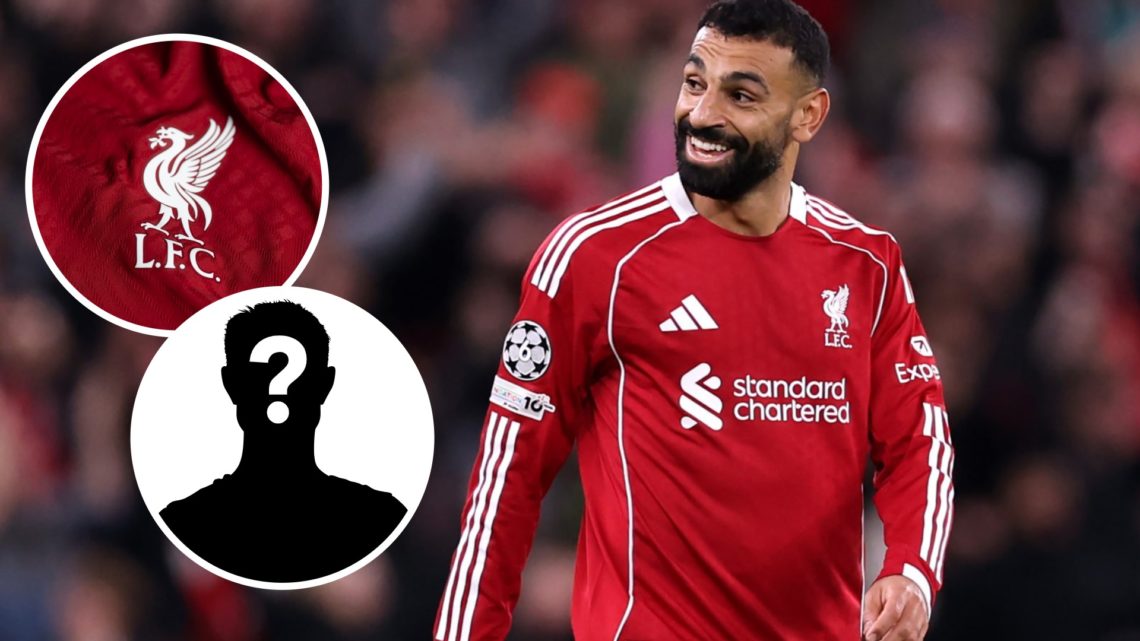 Mohamed Salah is pictured in action for Liverpool alongside insets of the club badge and a mystery player silhouette