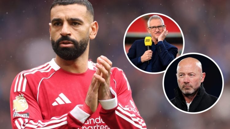 Mohamed Salah playing for Liverpool alongside insets of Gary Lineker and Alan Shearer.