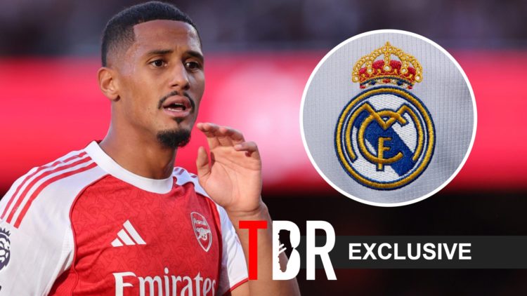 William Saliba during Arsenal's clash with Manchester City in the Premier League. Inset, Real Madrid badge.