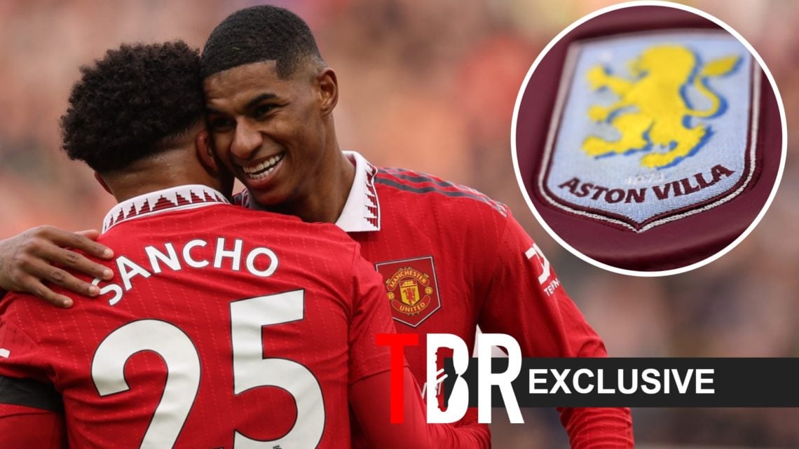 Jadon Sancho and Marcus Rashford embrace for Manchester United (left), Aston Villa badge (right)