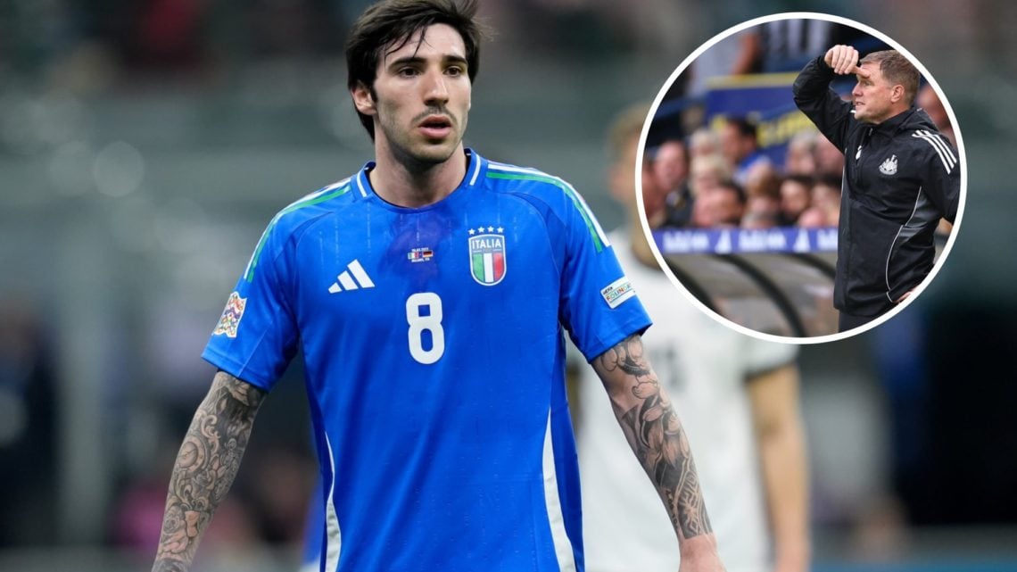 Sandro Tonali playing for Italy (left) with Eddie Howe on the touchline overlayed (right)