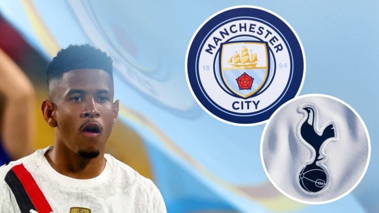 Savinho, Manchester City badge (inset top), Tottenham badge (inset, bottom)