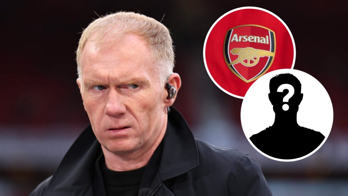 Paul Scholes on punditry duties for TNT Sports at Old Trafford, alongside insets of the Arsenal club badge and a white mystery player silhouette