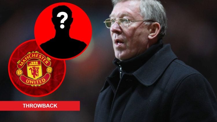 An image of Sir Alex Ferguson reacting during a Manchester United game alongside the club crest and a mystery player inset
