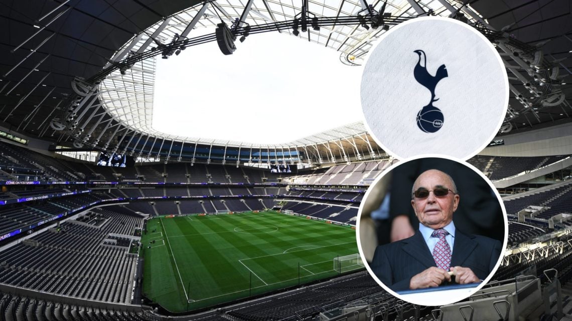 A general view of the Tottenham Hotspur Stadium alongside insets of owner Joe Lewis and the club badge