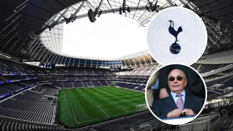 A general view of the Tottenham Hotspur Stadium alongside insets of owner Joe Lewis and the club badge