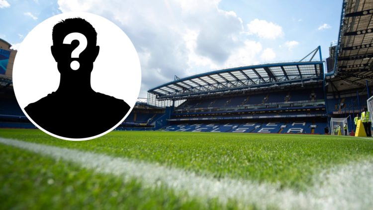 Chelsea's home stadium Stamford Bridge with a mystery player logo overlayed