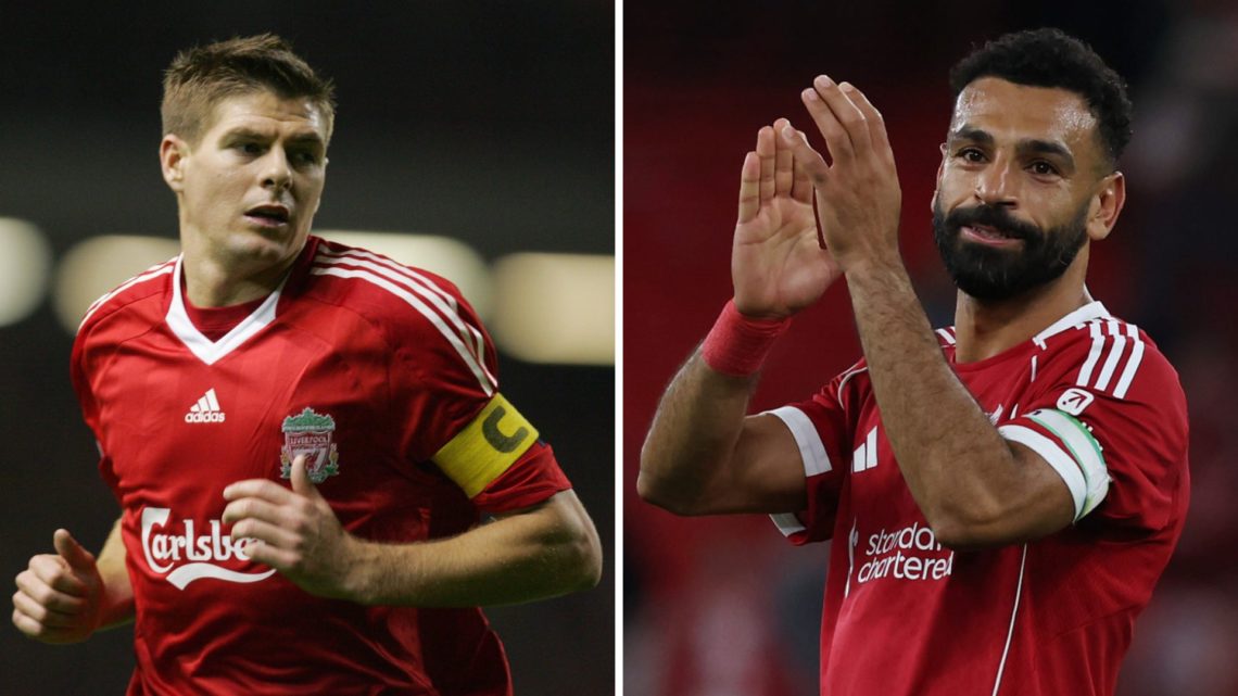 Steven Gerrard of Liverpool during the Group D, UEFA Champions League match between Liverpool and Atletico Madrid at Anfield (Left) Mohamed Salah o...