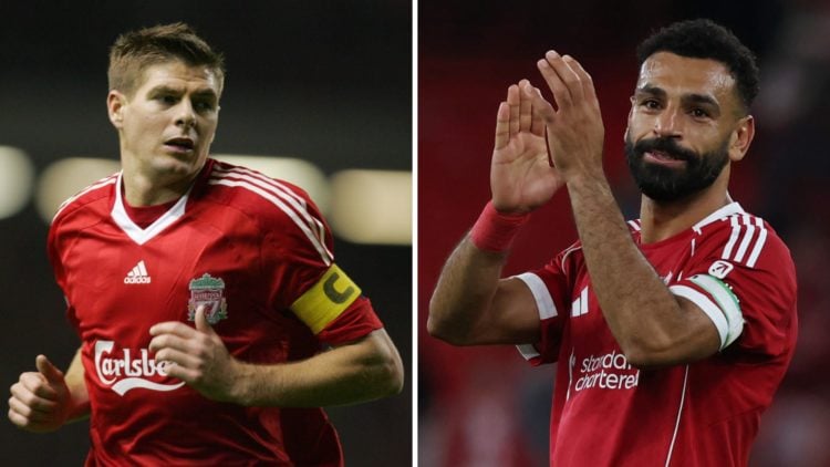 Steven Gerrard of Liverpool during the Group D, UEFA Champions League match between Liverpool and Atletico Madrid at Anfield (Left) Mohamed Salah o...