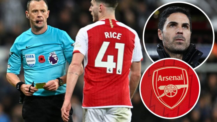 Stuart Attwell, Mikel Arteta (inset, top), Arsenal badge (inset, bottom)