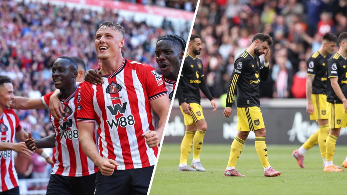 Split image of Sunderland players celebrating and Manchester United players looking dejected
