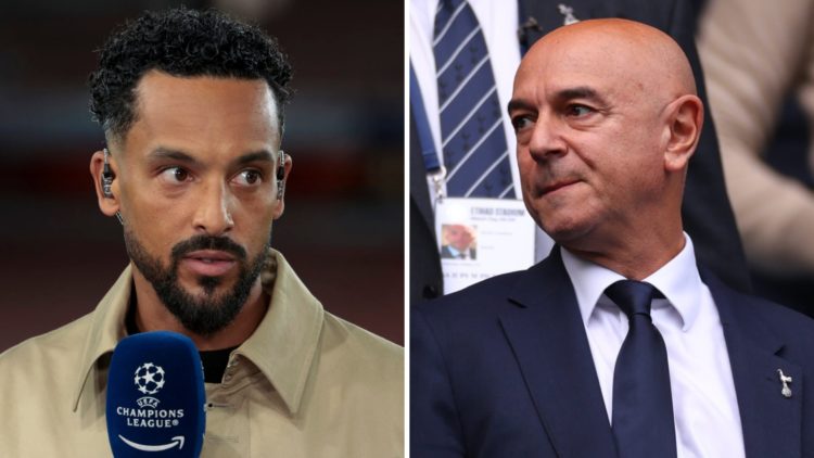 A split image featuring Theo Walcott speaking during a Champions League match alongside former Tottenham chairman Daniel Levy