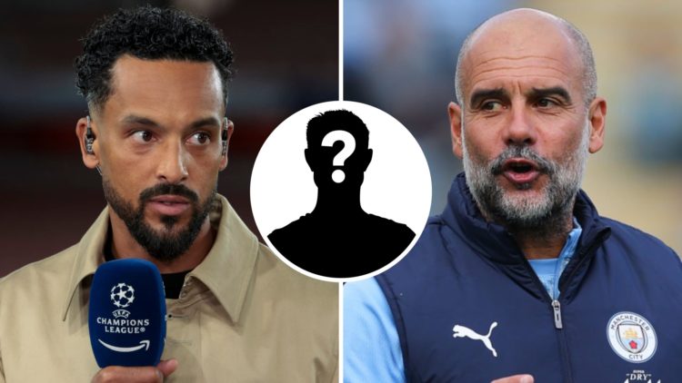 Split image of Theo Walcott working for Prime Sports (L) and Man City manager Pep Guardiola (R). Inset of a mystery player.