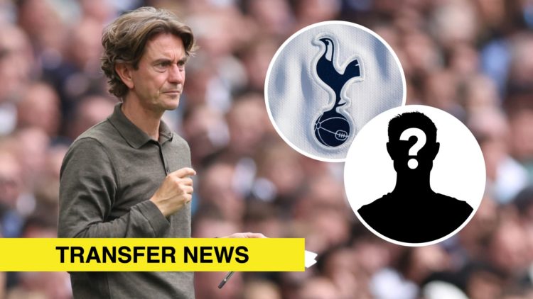 Tottenham Hotspur boss Thomas Frank looks on against Bournemouth. Inset, the Tottenham Hotspur badge and a mystery player icon.
