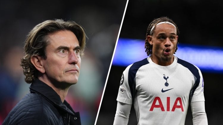 A split image of Tottenham Hotspur boss Thomas Frank looking on against Villarreal (L) and Tottenham Hotspur's Xavi Simons in action against Villar...