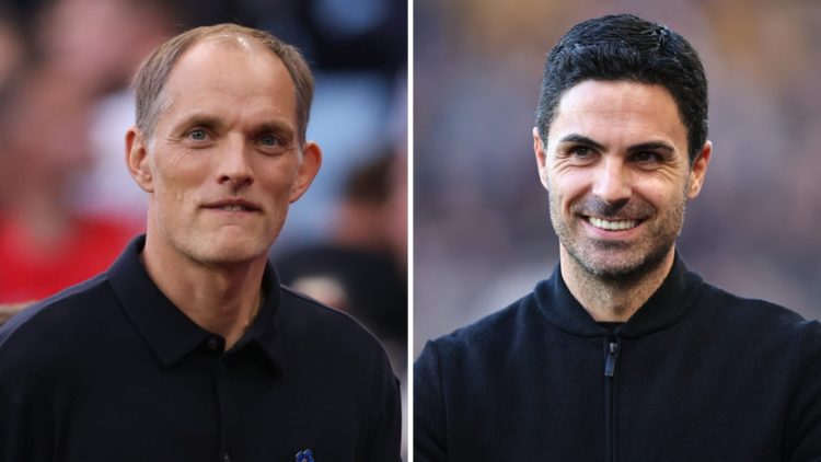 A split image of England manager Thomas Tuchel looking on during a match alongside Arsenal boss MIkel Arteta