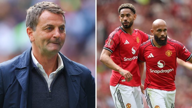 Tim Sherwood (left) and Bryan Mbeumo and Bryan Mbeumo and Matheus Cunha of Manchester United (right)