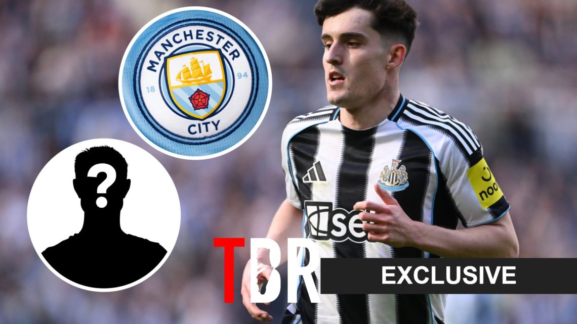 Tino Livramento playing for Newcastle (right) with a mystery player and Man City badge overlayed (left)