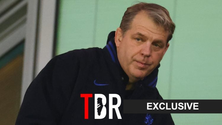 Todd Boehly watching a Chelsea game with a TBR Football exclusive tab overlayed (right)