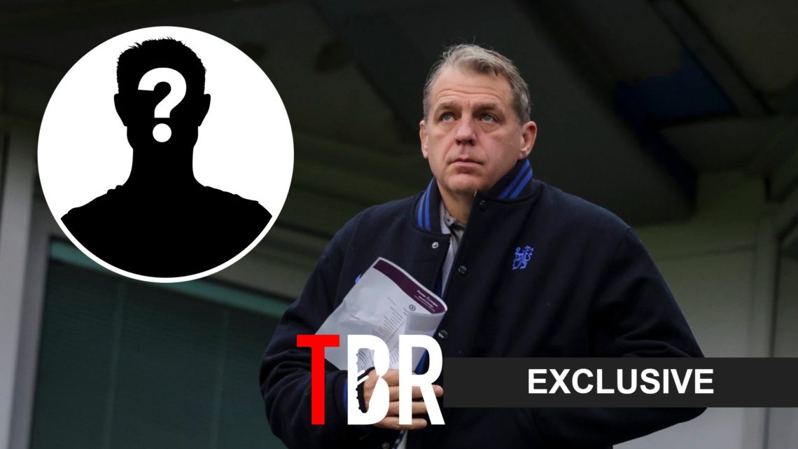 Todd Boehly watching a Chelsea game with a TBR Football exclusive tab overlayed (right) and a mystery player image overlayed (left)