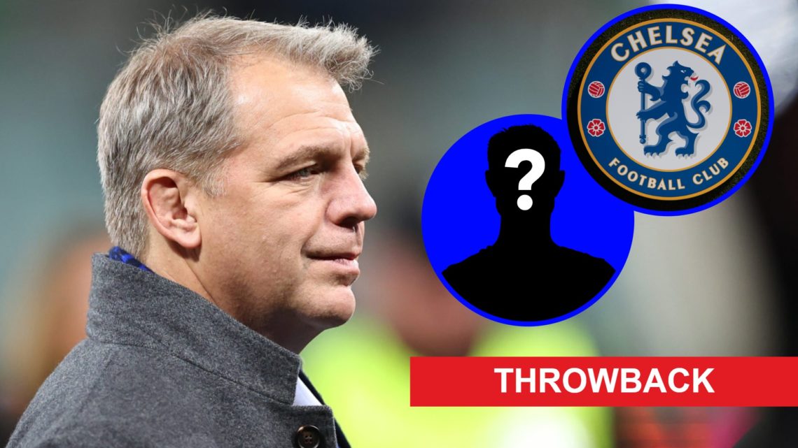 Todd Boehly looks on during Chelsea's Europa Conference League final alongside the club badge, a mystery player and a throwback banner