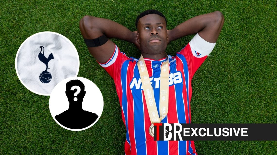 Marc Guehi celebrates after winning the 2025 Community Shield with Crystal Palace, Tottenham badge, mystery figure, TBR logo and exclusive tag inset