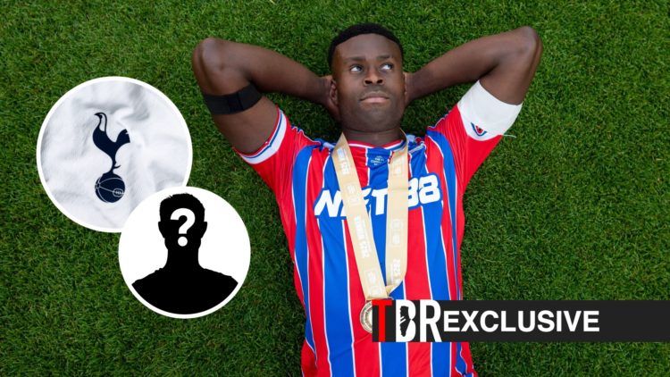 Marc Guehi celebrates after winning the 2025 Community Shield with Crystal Palace, Tottenham badge, mystery figure, TBR logo and exclusive tag inset