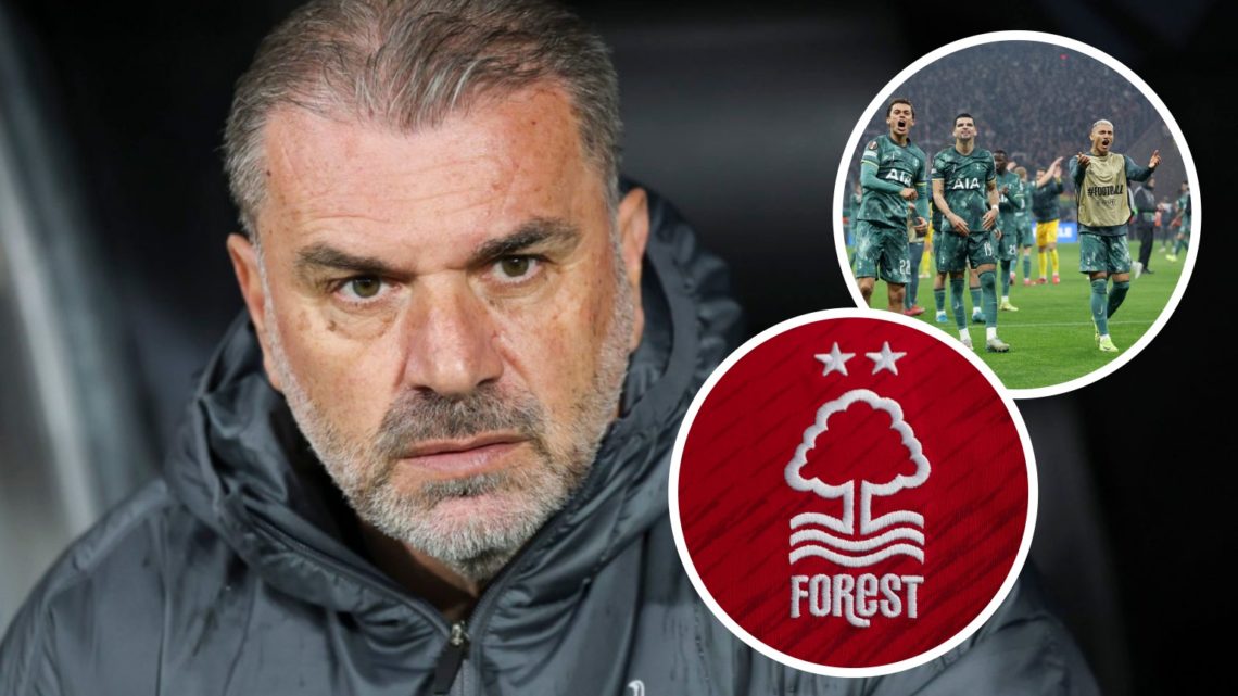 Former Tottenham Hotspur manager Ange Postecoglou ahead of Europa League match. Inset of Brennan Johnson and Nottingham Forest badge.
