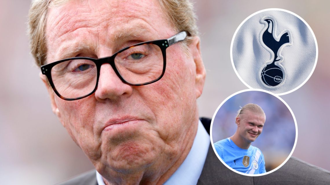 Former Tottenham Hotspur manager Harry Redknapp. Inset of Spurs badge and Manchester City's Erling Haaland.