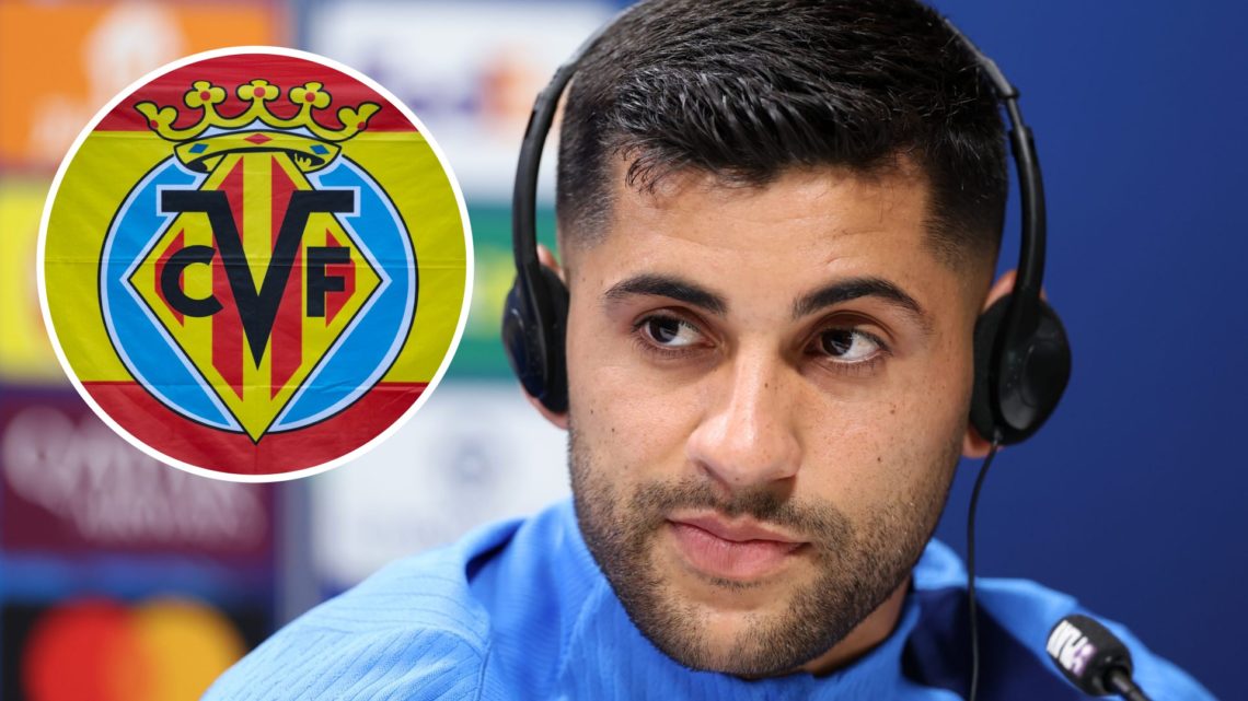 Tottenham Hotspur captain Cristian Romero ahead of Champions League match. Inset of Villarreal badge.